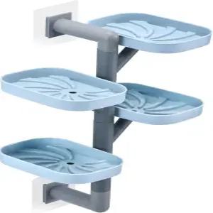 샤워 욕실 트레이 셀프 배수 스펀지 홀더 홀더(블루/그레이)용 비누 4겹 벽 장착 노드릴 회전식 탈착식