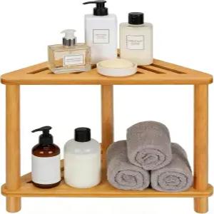 내부 샤워용 대나무 모서리 의자 면도 다리 작은 공간을 위한 수납 선반이 있는 방수 욕실 벤치 시트 발