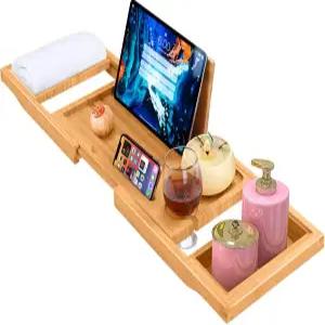 AODV 욕조 트레이 접이식 대나무 캐디 책 받침대가 있는 조절식 휴대폰 태블릿 양초 수건 유리 홀더 확장