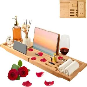욕조 트레이 - 목욕 액세서리를 위한 고급 대나무 와인 잔 홀더가 있는 확장 가능한 캐디 그녀 기념일 스파