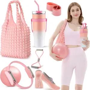 11.81인치 서클 9.84인치 요가볼 저항 밴드 초보자를 위한 Poen 7Pc 필라테스 에센셜 키트 여성 홈트레이닝