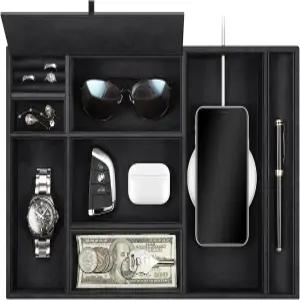 시튼 발렛 트레이 데스크톱 정리함 - 8칸 캐치올 EDC PU 가죽 침대 옆 배니티 나이트스탠드 캐디 코인 박스