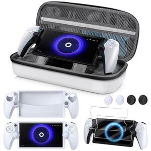 플레이스테이션 포털과 호환되는 KINWIN 10 in 1 액세서리 번들, 실리콘 보호 커버가 있는 화이트 EVA 휴대용 케이스, 2팩 스크린 프로텍터 및 PS5 포털 콘솔용 엄지 그립 4개