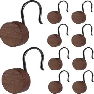 블랙 메탈 링이 달린 아키모마티 호두나무 샤워 커튼 후크 욕실 막대용 장식 철물 12종 세트