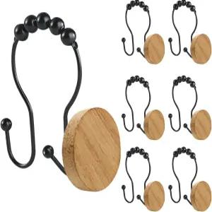 더블 샤워 커튼 후크 나무 장식 링 12개의 PCS 통나무 로드 욕실 침실용 방청 및 방수 금속 행거 블랙
