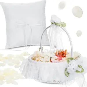기엘린 2팩 플라워 걸 바구니 및 링 베어러 베개 세트 결혼식 파티 장식용 화이트 새틴 레이스