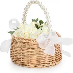 소박한 꽃 소녀 바구니 카나스타 파라 플로레스 진주 손잡이가 달린 위커 라탄 웨딩 야외 피크닉 홈 장식용