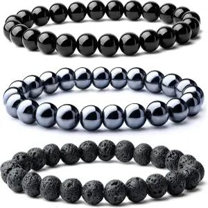 WFJ 블랙 옵시디언 헤마타이트 트리플 프로텍션 팔찌 세트 - 타이거 비즈 내추럴 스톤 남성용 10MM