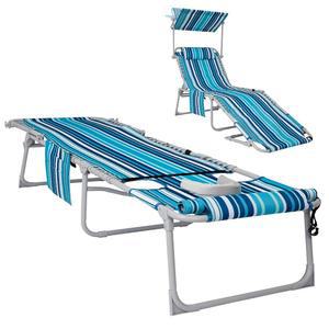 eAj #페이스 홀과 캐노피가 있는 태닝 의자 3 in 1, 300파운드 헤비 듀티 5포지션 접이식 페이스 다운 라운지 의자 야외, 베개 및 수납 가방 휴대용 수영장 잔디 캠핑(블루스트립)