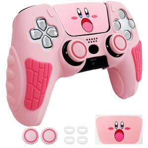 HLRAO 핑크 안티 슬립 PS5 컨트롤러 스킨 세트, 터치 패드 스티커와 엄지 그립 캡 2개가 있는 PlayStation 5 / 슬림 프로 컨트롤용 소프트 보호 커버 케이스