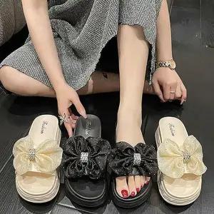 [라일리] Rly 여성 통굽 슬리퍼 큐빅 리본 쉬폰 여름 플랫폼