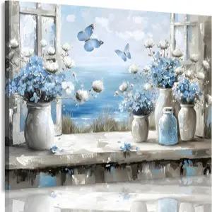 프레임 포함 파란 수국 꽃병 캔버스 벽장식 액자 해안 풍경 나비 포스터 프린트 우드 배경 빈티지 회화