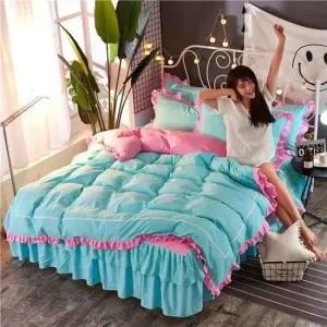 침대커버세트 레이스 침구 매트리스 침대 베개 이불 커버 블루 세트