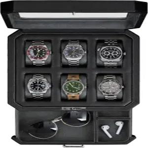 발렛 서랍이 있는 ROTHWELL 6 슬롯 가죽 시계 상자 - 럭셔리 케이스 디스플레이 정리함 마이크로수데