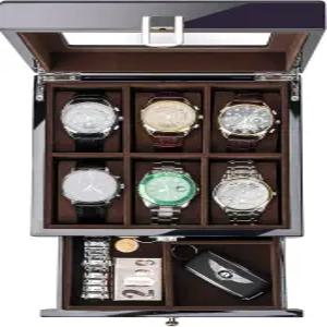 ProCase 6 슬롯 래커 마감 나무 시계 상자 남성용 유리 상판이 있는 정리함 손목시계 보관용 2단