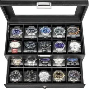 BEWISHOME 시계 케이스 남성용 보관함 오거나이저 20칸 대형 유리 뚜껑 여행용 탈착식 쿠션 주얼리 상자