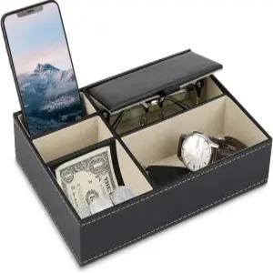바오윤 남성 발렛 트레이 정리함 주얼리 박스 5칸 나이트스탠드 현관 테이블용 인조 가죽 키 시계 동전