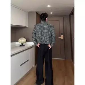 남자 캐주얼 정장 재킷 트위드 코트 봄가을 오버사이즈 패드 숏 하운드투스 체크 상의 DUCHI3