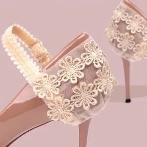 여성 하이힐 벗겨짐 방지 웨딩 레이스 밴드 하이 힐고정