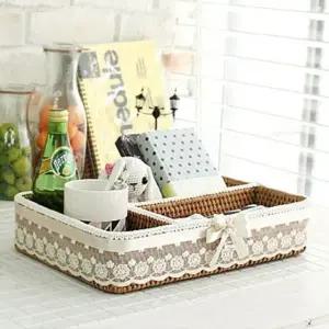 (상품선택 ONE)사각 라탄 바구니 작은 소품 수납 정리함 세칸 박스