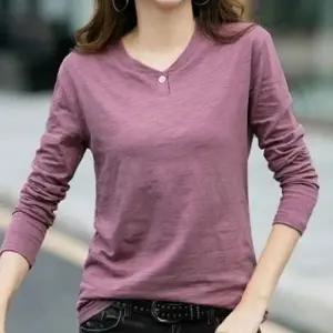 라운드넥 긴팔 티 단추 골프 데일리 여자 무지 티셔츠