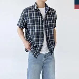 SS1024M 남자 린넨 오버핏 여름 체크 반팔 남방 셔츠