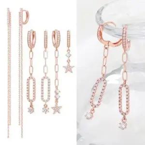 깔끔한귀걸이 금침 유니크 큐빅 진주 로즈골드 드롭 귀걸이 14K