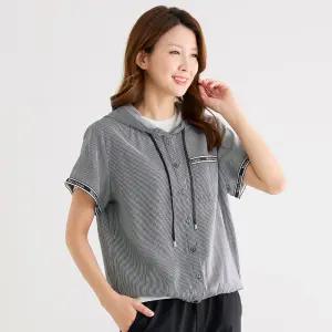 이브바바 쿨 인견 스트라이프 반팔 후드 셔츠 여름 엄마 중년여성 옷