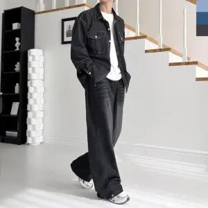 [옷자락]남성 캐주얼 핀턱 버튼 밴딩 와이드 데님 청바지