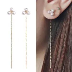 골드귀걸이 골드 트리플 진주 드롭 롱 귀걸이 14K