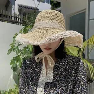 스토로우 리본 레이스 왕골모자 썬캡 챙모자 여성 자외선 햇빛 차단 라피아 여름 햇 밀짚 왕골