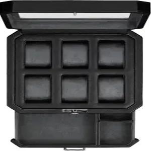 발렛 서랍이 있는 ROTHWELL 6 슬롯 가죽 시계 상자 - 럭셔리 케이스 디스플레이 정리함 마이크로수데