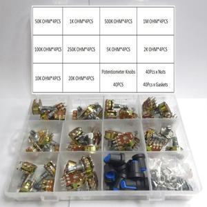 160 개 Wh148 20MM 듀얼 갱 스테레오 6 핀 전위차계 키트 1k 2K 5k 20k 1m 노브 싱글 세트 샤프트 너트