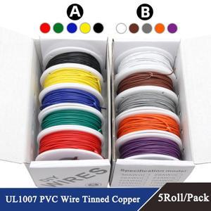 UL1007 와이어(5색 혼합 키트) PVC 절연 주석 도금 구리 케이블 30 28 26 24 22 20 18 16 AWG 연선 전기 라