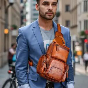 포뇨2 남자 숄더백 가죽 가슴백 트리코트 컬러링 캐주얼 숄더 겸 크로스백 두겹 소 스몰 백팩 가슴 가방 OP