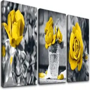 캔버스 월 아트 - 침실 주방 거실 여자 방 장식 흑백 벽 그림 노란 장미 꽃 3피스 세트