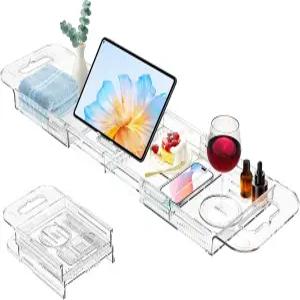욕조용 확장 가능한 배수 캐디 트레이 YOCOMEY 다기능 아크릴 욕실 정리함 캔들 타월북 와인 휴대폰 샤워를
