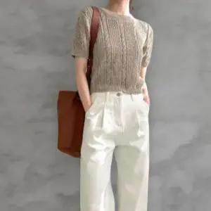 [옷자락]여성 아크릴 라운드넥 꽈배기 스카시 세미크롭 반팔 니트