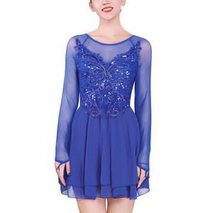 여성용 ODASDO 드레스 스케이팅 크로스 크리스 스커트 비드 피겨 메쉬 긴팔 시퀸 쉬폰