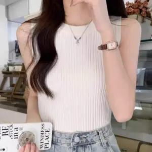 [옷자락]여자 데일리 스판 골지 라운드넥 민소매 니트_3