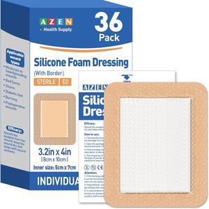 AZEN 36 팩 실리콘 폼 드레싱, 3.2인치 X 4인치 방수 붕대, 부위용 대형 자가 접착 관리 및 드레싱 포함