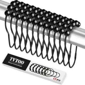 TVTOO 12PCS 샤워 커튼 후크 링 욕실 로드용 블랙 녹 방지 금속 매끄럽고 빠른 슬라이딩