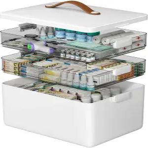 CTIME 3단 의약품 정리함 - 가죽 손잡이가 있는 휴대용 캐비닛 가정용 빈 구급상자