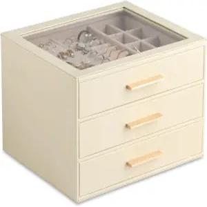 프레뷰티 클리어 뚜껑 주얼리 박스 서랍이 있는 3겹 정리함 PU 가죽 및 보관함 여성용 반지 귀걸이