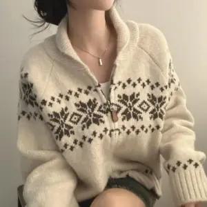 [옷자락]여자 겨울 따뜻한 노르딕 눈꽃 집업 스웨터