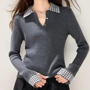 [패션시그널]체크카라 니트 블라우스 E34C58