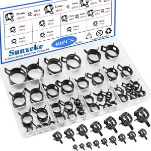 Sunxeke 40Pcs 스프링 밴드 호스 클램프 모음 키트 16사이즈 블랙 연료 라인 실리콘 진공 저압 에어 클립