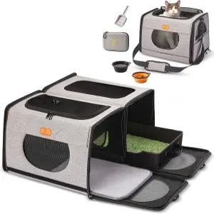 자동차 여행용 쓰레기통이 있는 ICICREATE.X 대형 고양이 캐리어 장거리용 반려동물 가방 2-in-1 더블