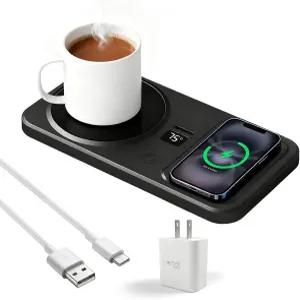 사무실 책상용 무선 커피 머그 워머 스마트 컵 다기능 전기 음료 플레이트 타입-C 히팅 코스터 블랙