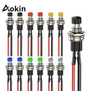 Aokin 6Pcs 1A 250V AC 2 핀 SPST 6 색 일반개방형 미니 소형 순간 푸시 버튼 스위치 (사전 납땜 와이어 포